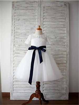 A-line/Princess Scoop 1/2 Sleeves Sash/Ribbon/Belt Tea-Length Tulle Flower Girl Dresses