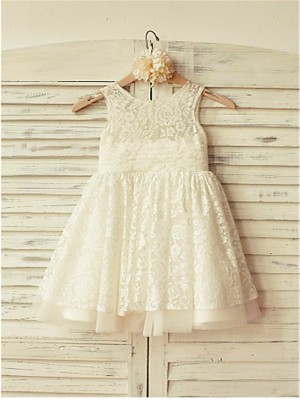 A-line/Princess Scoop Sleeveless Ruffles Tea-Length Lace Flower Girl Dresses