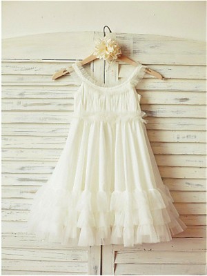 A-line/Princess Straps Sleeveless Ruffles Tea-Length Chiffon Flower Girl Dresses