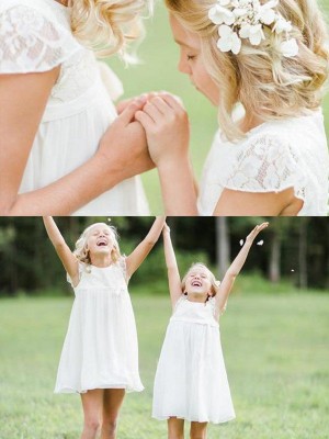A-Line/Princess Short Sleeves Scoop Knee-Length Lace Chiffon Flower Girl Dresses