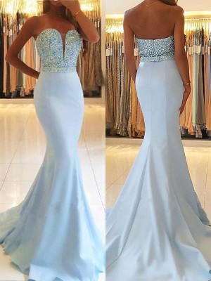 Trumpet/Mermaid Sleeveless Sweetheart Sweep/Brush Train Beading Satin Dresses