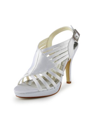 Women's Gorgeous Satin Stiletto Heel Sandals With Buckle White Wedding Shoes