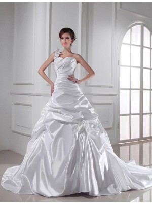 A-Line/Princess One-shoulder Sweetheart Sleeveless Long Pleats Elastic Woven Satin Wedding Dresses