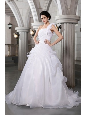 Ball Gown One-Shoulder Sleeveless Pleats Long Organza Wedding Dresses