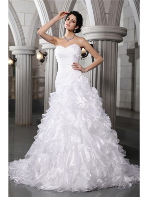 A-Line/Princess Sweetheart Sleeveless Pleats Beading Long Organza Wedding Dresses