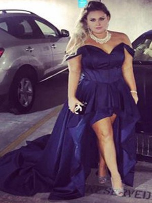 A-Line/Princess Off-the-Shoulder Sleeveless Ruched Asymmetrical Satin Plus Size Dresses