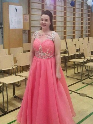 A-Line/Princess Sheer Neck Sleeveless Beading Floor-Length Chiffon Plus Size Dresses