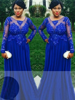 A-Line/Princess Sheer Neck Long Sleeves Applique Floor-Length Chiffon Plus Size Dresses