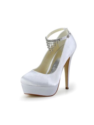 Women's Nice Satin Stiletto Heel Closed Toe With Rhinestone White Wedding Shoes