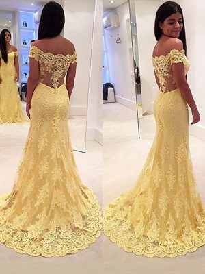 Trumpet/Mermaid Off-the-Shoulder Sleeveless Lace Sweep/Brush Train Dresses