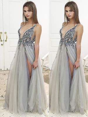 A-Line/Princess V-Neck Sleeveless Floor-Length Beading Tulle Dresses