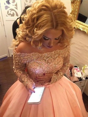 Ball Gown Long Sleeves Off-the-Shoulder Beading Satin Court Train Dresses