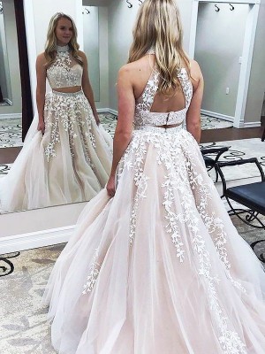A-Line/Princess High Neck Sleeveless Sweep/Brush Train Applique Tulle Two Piece Dresses