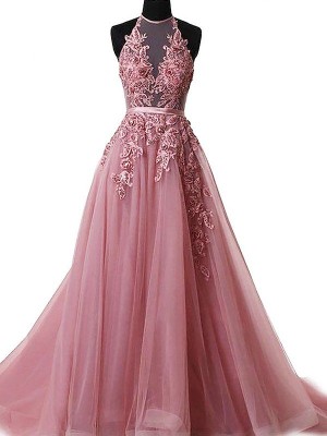 A-Line/Princess Halter Sleeveless Sweep/Brush Train Applique Tulle Dresses