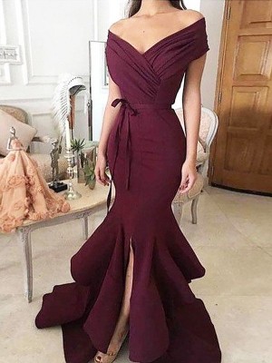 Trumpet/Mermaid Off-the-Shoulder Sleeveless Floor-Length Ruched Satin Dresses