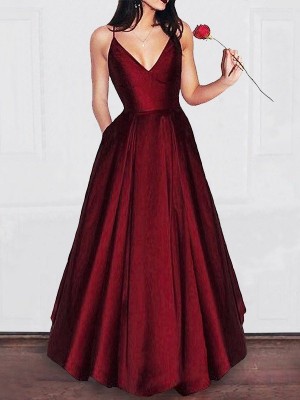 A-Line/Princess V-neck  Floor-Length Ruffles Satin Dresses