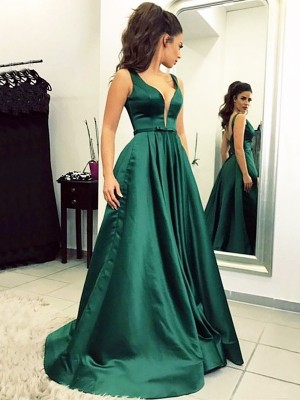 A-Line/Princess V-neck  Sweep/Brush Train Ruffles Satin Dresses