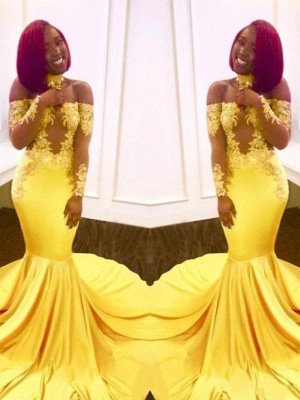 Trumpet/Mermaid Off-the-Shoulder Long Sleeves Sweep/Brush Train Applique Elastic Woven Satin Dresses