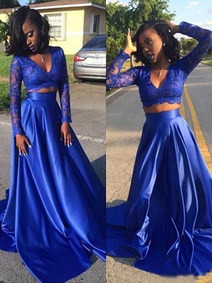 A-Line/Princess V-neck Long Sleeves Sweep/Brush Train Lace Satin Two Piece Dresses