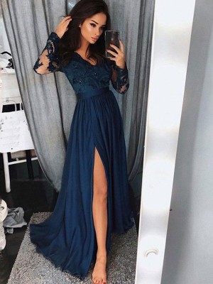 A-Line/Princess V-neck Long Sleeves Sweep/Brush Train Applique Ruched Satin Chiffon Dresses