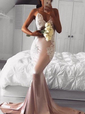 Trumpet/Mermaid Straps V-neck Sleeveless Applique Sweep/Brush Train Satin Dresses