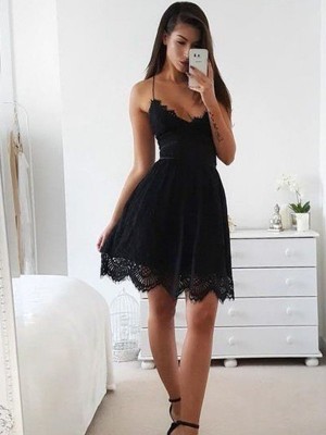 A-Line/Princess Lace Spaghetti Straps Sleeveless Short/Mini Dresses