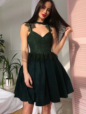 A-Line/Princess V-Neck Lace Sleeveless Satin Ruched Short/Mini Dresses