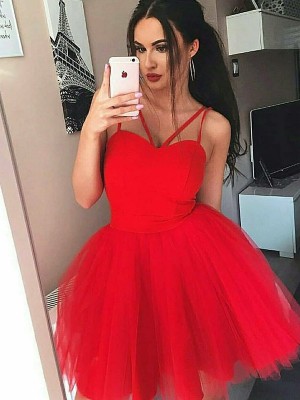 A-Line/Princess Tulle Spaghetti Straps Sleeveless Short/Mini Dresses