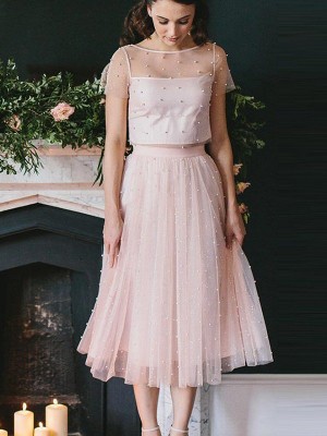 A-Line/Princess Tulle Short Sleeves Scoop Tea-Length Two Piece Dresses