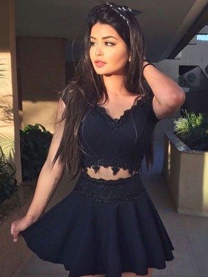 A-Line/Princess V-Neck Sleeveless Lace Satin Two Piece Short/Mini Dresses