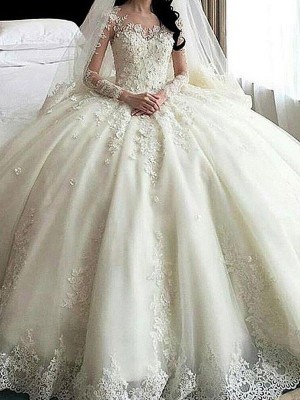 Ball Gown Scoop Cathedral Train Long Sleeves Lace Applique Tulle Wedding Dresses