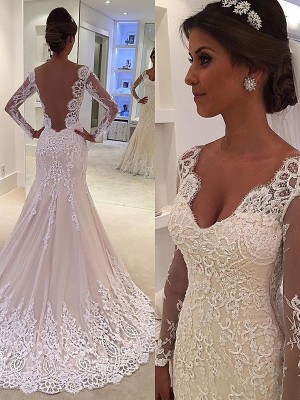 Trumpet/Mermaid Long Sleeves V-neck Court Train Lace Wedding Dresses