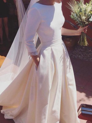 A-Line/Princess 3/4 Sleeves Scoop Sweep/Brush Train Ruffles Satin Wedding Dresses