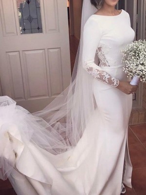 Trumpet/Mermaid Long Sleeves Scoop Court Train Lace Satin Wedding Dresses