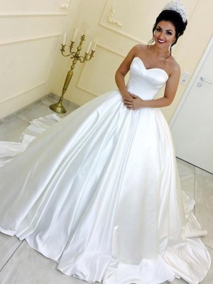 Ball Gown Sweetheart Satin Sleeveless Sash/Ribbon/Belt Cathedral Train Wedding Dresses