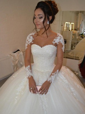 Ball Gown Tulle Long Sleeves Scoop Applique Court Train Wedding Dresses