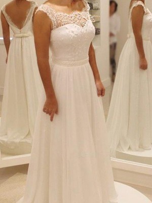 A-Line/Princess Chiffon Bowknot Lace Scoop Sleeveless Sweep/Brush Train Wedding Dresses