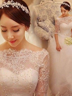 Ball Gown Beading Tulle 1/2 Sleeves Off-the-Shoulder Chapel Train Wedding Dresses