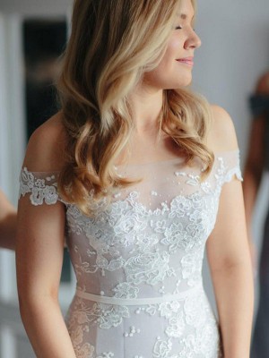 Trumpet/Mermaid Applique Lace Tulle Off-the-Shoulder Sleeveless Court Train Wedding Dresses