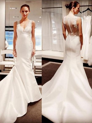 Trumpet/Mermaid V-neck Satin Applique Sleeveless Court Train Wedding Dresses