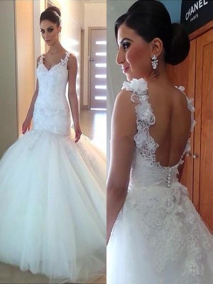 Trumpet/Mermaid V-neck Applique Tulle Sleeveless Court Train Wedding Dresses