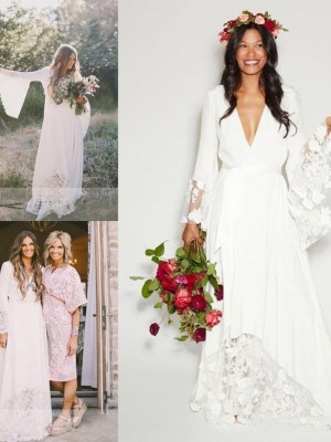 A-Line/Princess V-neck Lace Sash/Ribbon/Belt Chiffon Long Sleeves Floor-Length Wedding Dresses