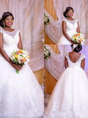Ball Gown Tulle Scoop Sleeveless Applique Floor-Length Wedding Dresses