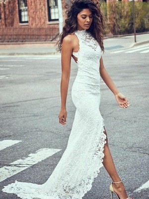 Trumpet/Mermaid Lace Halter Sleeveless Sweep/Brush Train Wedding Dresses