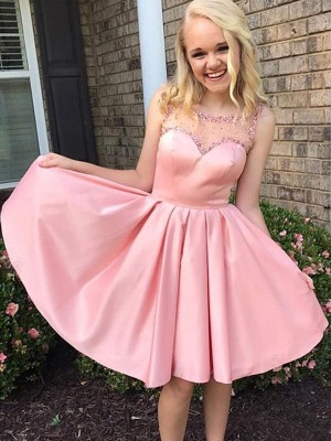 A-Line/Princess Ruffles Bateau Satin Sleeveless Knee-Length Dresses