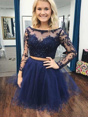 A-Line/Princess Bateau Organza Applique Long Sleeves Short/Mini Two Piece Dresses