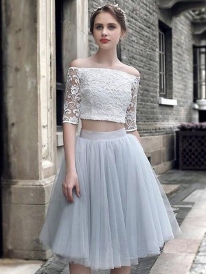 A-Line/Princess Tulle Ruched Off-the-Shoulder 1/2 Sleeves Knee-Length Two Piece Dresses