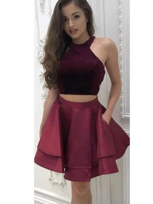 A-Line/Princess Sleeveless Halter Satin Ruffles Two Piece Short/Mini Dresses
