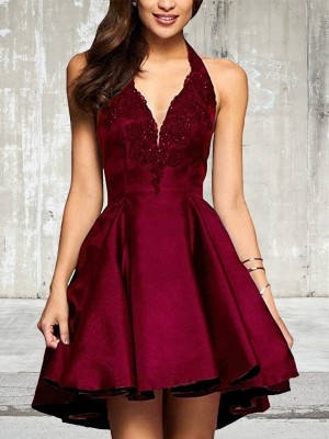 A-Line/Princess Satin Lace V-neck Sleeveless Short/Mini Dresses