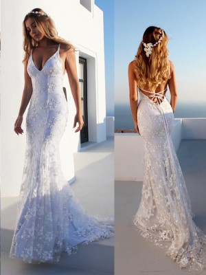 Trumpet/Mermaid Spaghetti Straps Sleeveless Lace Court Train Tulle Wedding Dresses